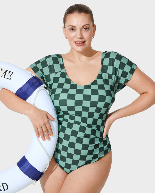 Chic Green Check Short Sleeve Modest One-Piece Swimsuit for Women