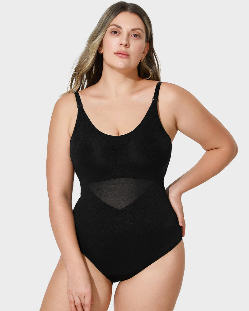 Flattering Criss-Cross Mesh Sculpting Bodysuit - Seamless Tummy Control Shapewear