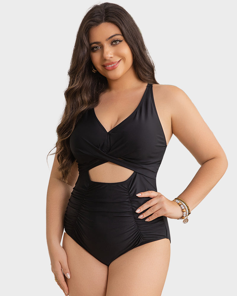 Stylish Push Up Tummy Control One-Piece Swimsuit V-Neck Adjustable Straps Ruched Front