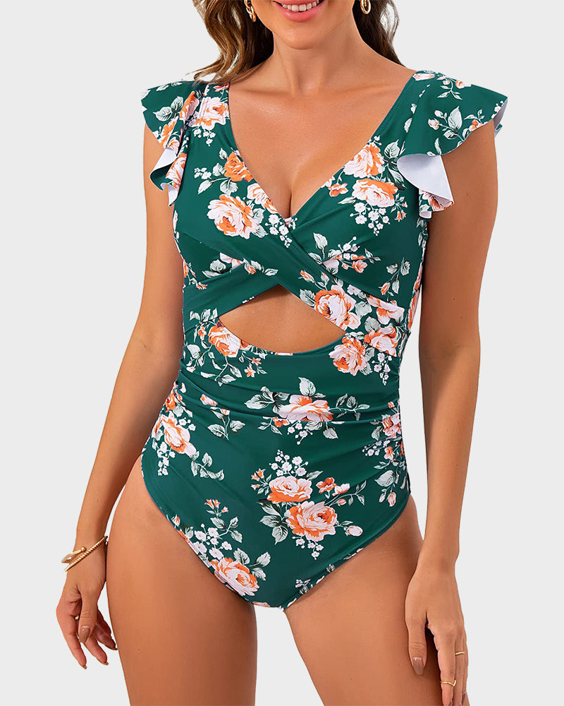 Elegant Ruffle Sleeve Cut-Out Ruched One-Piece Swimsuit for Women