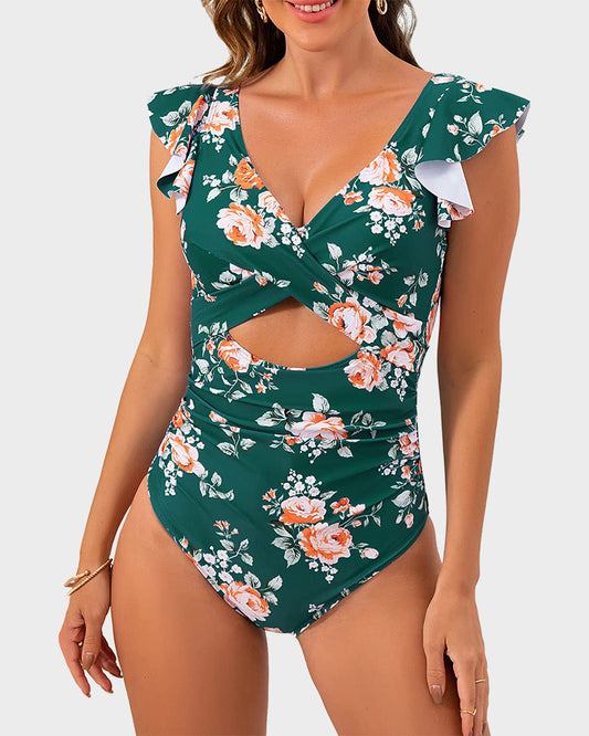 Elegant Ruffle Sleeve Cut-Out Ruched One-Piece Swimsuit for Women