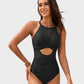 Round Neck Cut-Out Mesh Panel Ruched Swimsuit