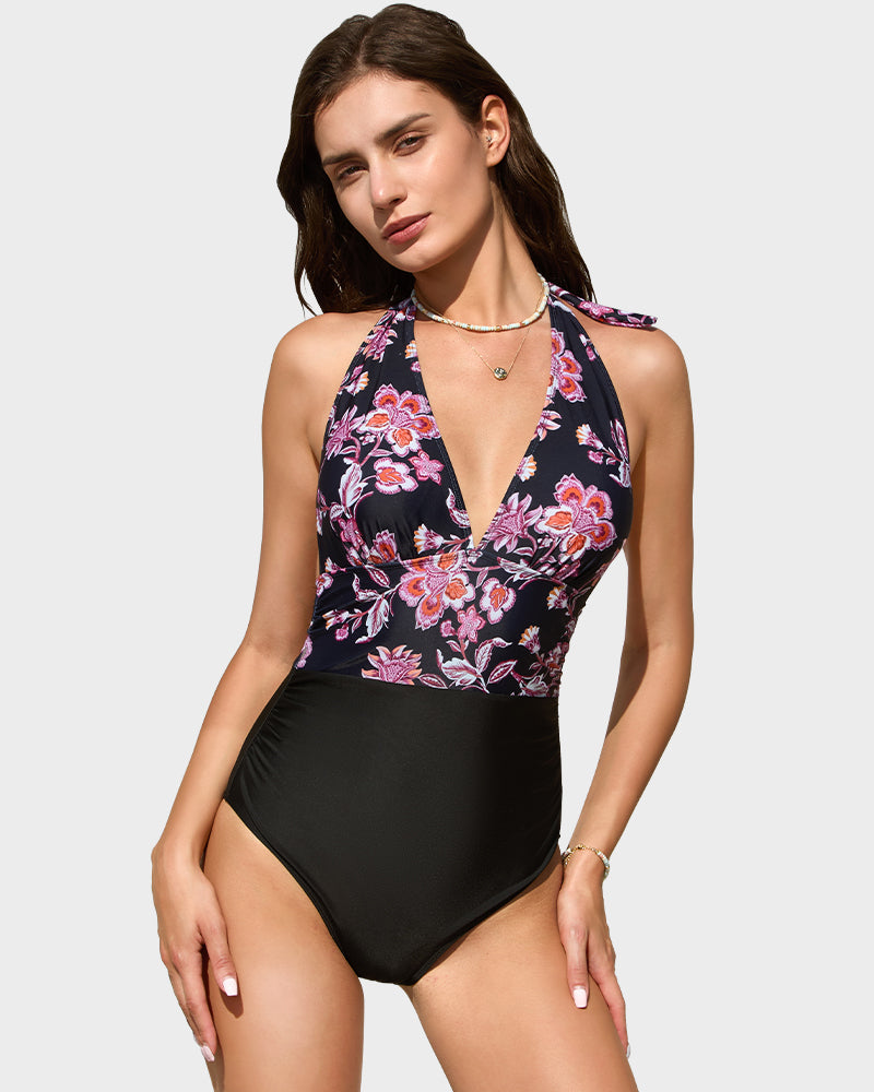 Chic Deep V Halter Neck Backless One-Piece Swimsuit for Women's Beachwear
