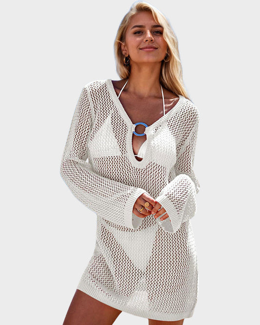 Chic Deep Plunge Crochet Long Sleeve Beach Cover Up Dress