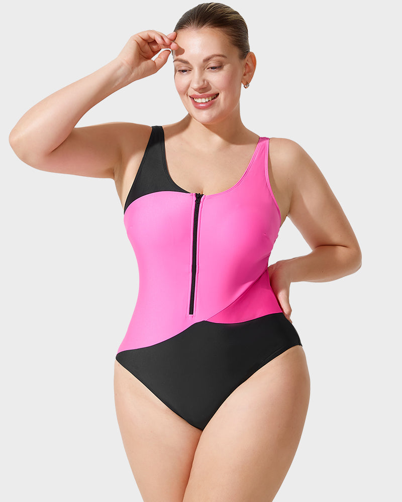 Stylish Color-Blocked Front Zip Tank Swimsuit for Active Women
