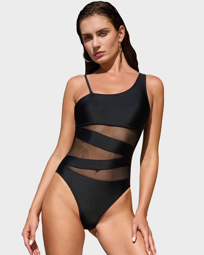 Chic One Shoulder Mesh Insert High Cut One-Piece Swimsuit for Women