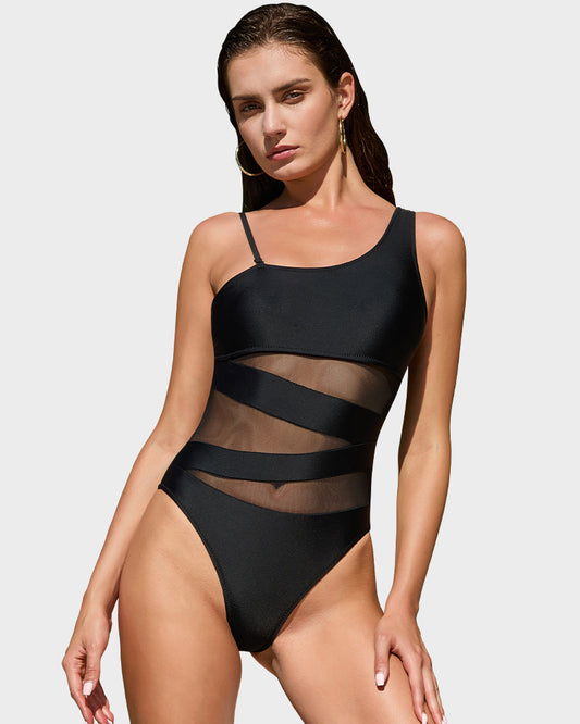 Chic One Shoulder Mesh Insert High Cut One-Piece Swimsuit for Women