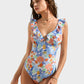 Chic Deep V Ruffled Floral Lace-Up One-Piece Swimsuit for Women