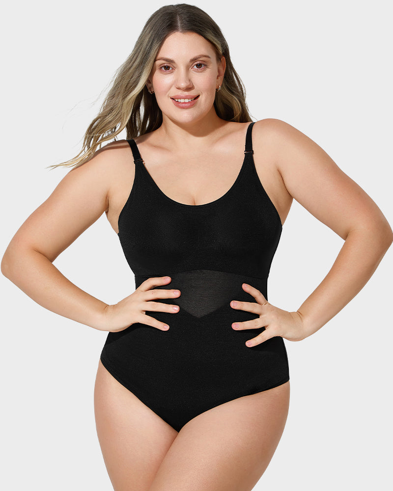 Flattering Criss-Cross Mesh Sculpting Bodysuit - Seamless Tummy Control Shapewear