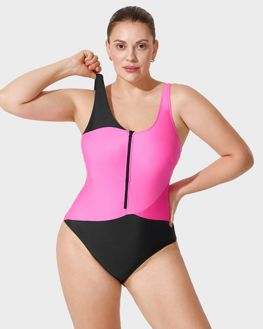 Stylish Color-Blocked Front Zip Tank Swimsuit for Active Women