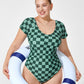 Chic Green Check Short Sleeve Modest One-Piece Swimsuit for Women
