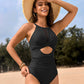 Women's Stylish Round Neck Cut-Out Mesh Panel Ruched One-Piece Swimsuit