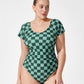 Chic Green Check Short Sleeve Modest One-Piece Swimsuit for Women