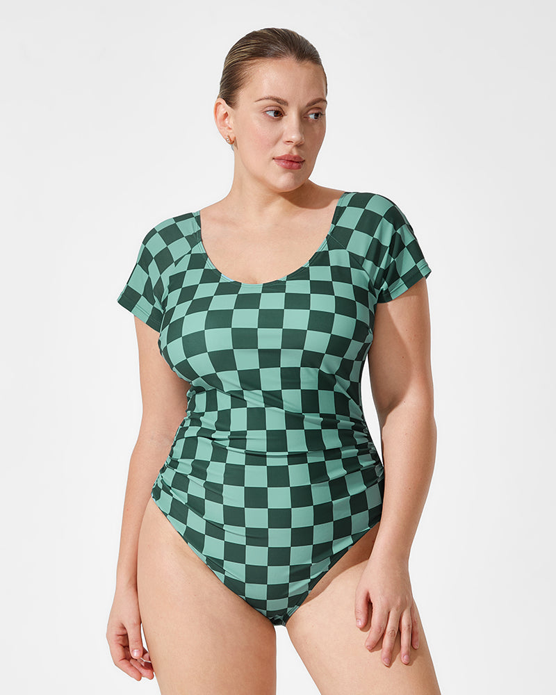 Chic Green Check Short Sleeve Modest One-Piece Swimsuit for Women