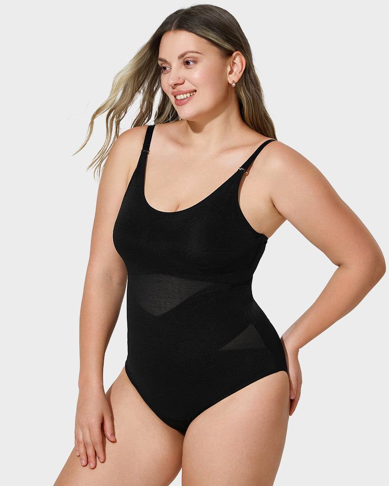 Flattering Criss-Cross Mesh Sculpting Bodysuit - Seamless Tummy Control Shapewear