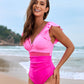 Deep V Ruffled Sleeve Mesh Panel Ruched One-Piece Swimsuit for Women