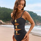 Glamorous Gold Beads Cut-Out Ruched One-Piece Swimsuit for Women, Elegant Beachwear