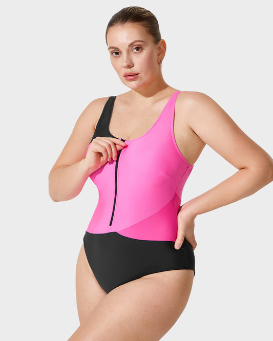 Stylish Color-Blocked Front Zip Tank Swimsuit for Active Women