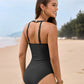 Women's Stylish Round Neck Cut-Out Mesh Panel Ruched One-Piece Swimsuit