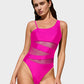 One Shoulder Mesh Insert High Cut One-Piece Swimsuit