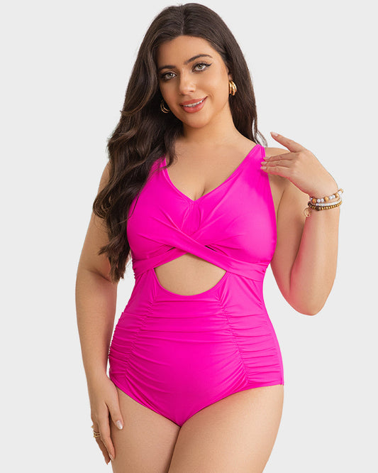 Stylish Push Up Tummy Control One-Piece Swimsuit V-Neck Adjustable Straps Ruched Front