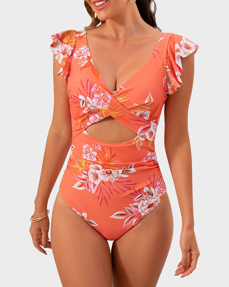 Elegant Ruffle Sleeve Cut-Out Ruched One-Piece Swimsuit for Women