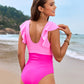 Deep V Ruffled Sleeve Mesh Panel Ruched One-Piece Swimsuit for Women