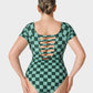 Chic Green Check Short Sleeve Modest One-Piece Swimsuit for Women