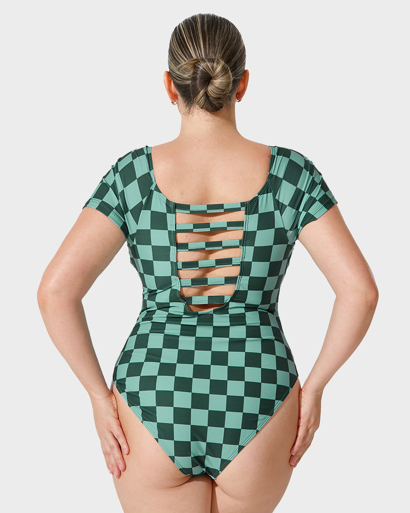 Chic Green Check Short Sleeve Modest One-Piece Swimsuit for Women