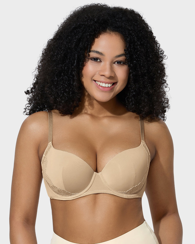 Elegant Deep V Lace Trim Full Coverage Push Up Bra for Ultimate Comfort & Support