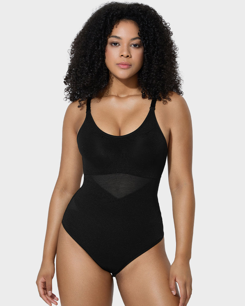 Flattering Criss-Cross Mesh Sculpting Bodysuit - Seamless Tummy Control Shapewear