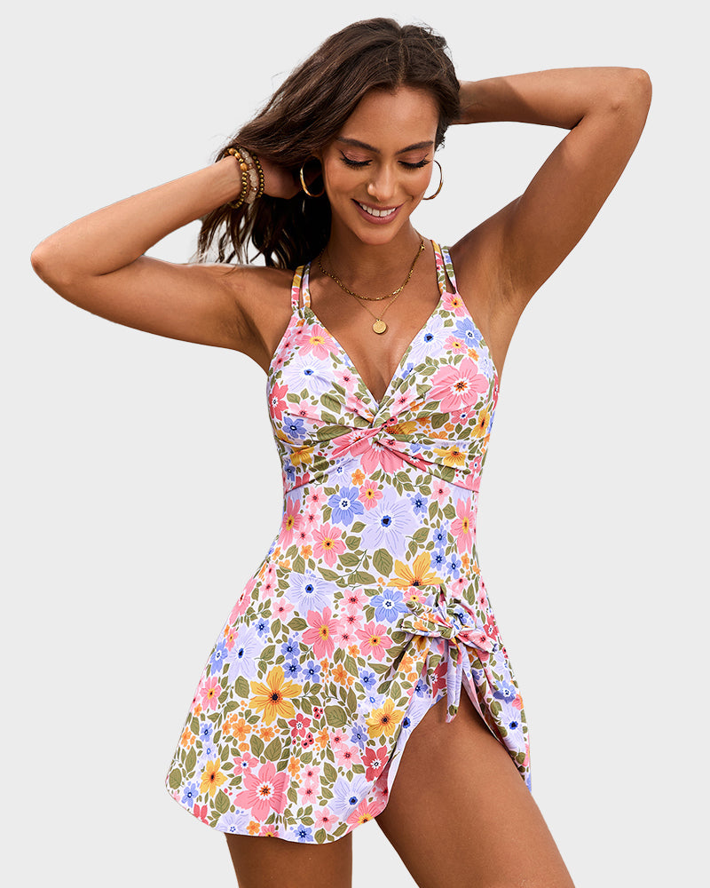 Chic Knot Hem Ruched One-Piece Swim Dress: Flattering, Adjustable, Comfortable Swimsuit