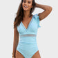 Deep V Ruffled Sleeve Mesh Panel Ruched Swimsuit