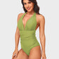 Stylish Halter Neck Deep V Ruched One-Piece Swimsuit - Flattering Beachwear