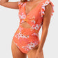Flattering Ruffle Sleeve Cut-Out Ruched One-Piece Swimsuit for Stylish Beach Days