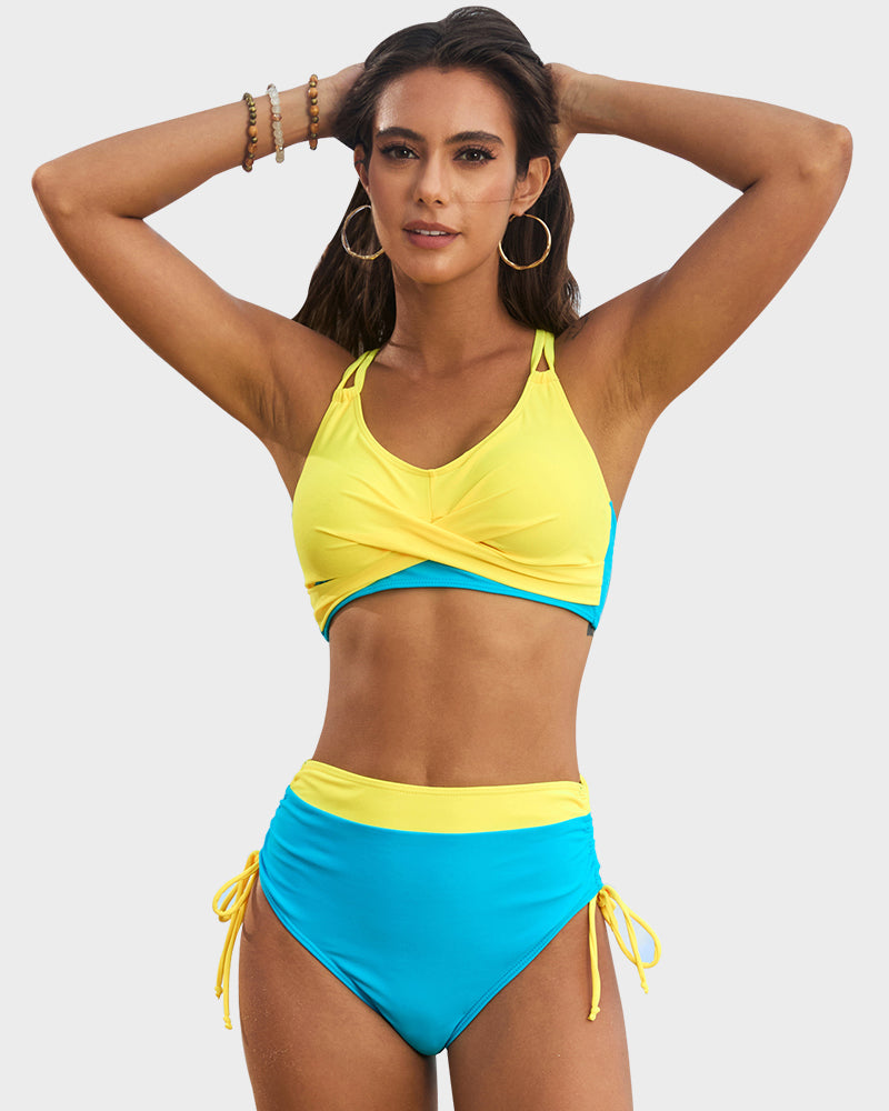 Chic Color-Block Drawstring Cross-Back Bikini Set - Supportive & Flattering Swimwear