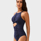 Women's Stylish Round Neck Cut-Out Mesh Panel Ruched One-Piece Swimsuit