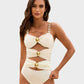 Glamorous Gold Beads Cut-Out Ruched One-Piece Swimsuit for Women, Elegant Beachwear