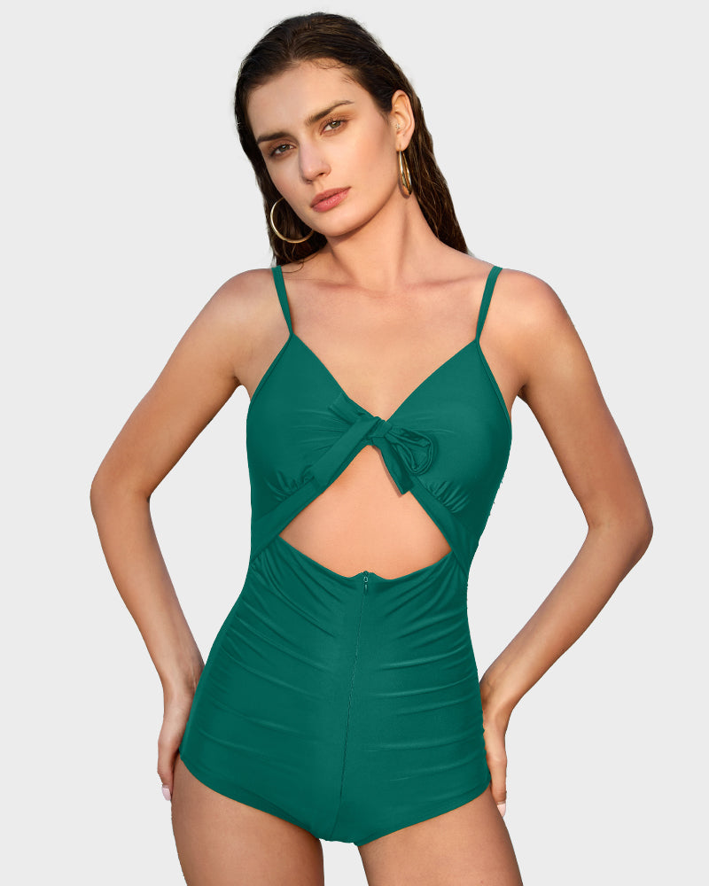 Elegant Front Tie Built-In Shapewear Sculpting One-Piece Swimsuit for Women