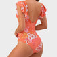 Elegant Ruffle Sleeve Cut-Out Ruched One-Piece Swimsuit for Women