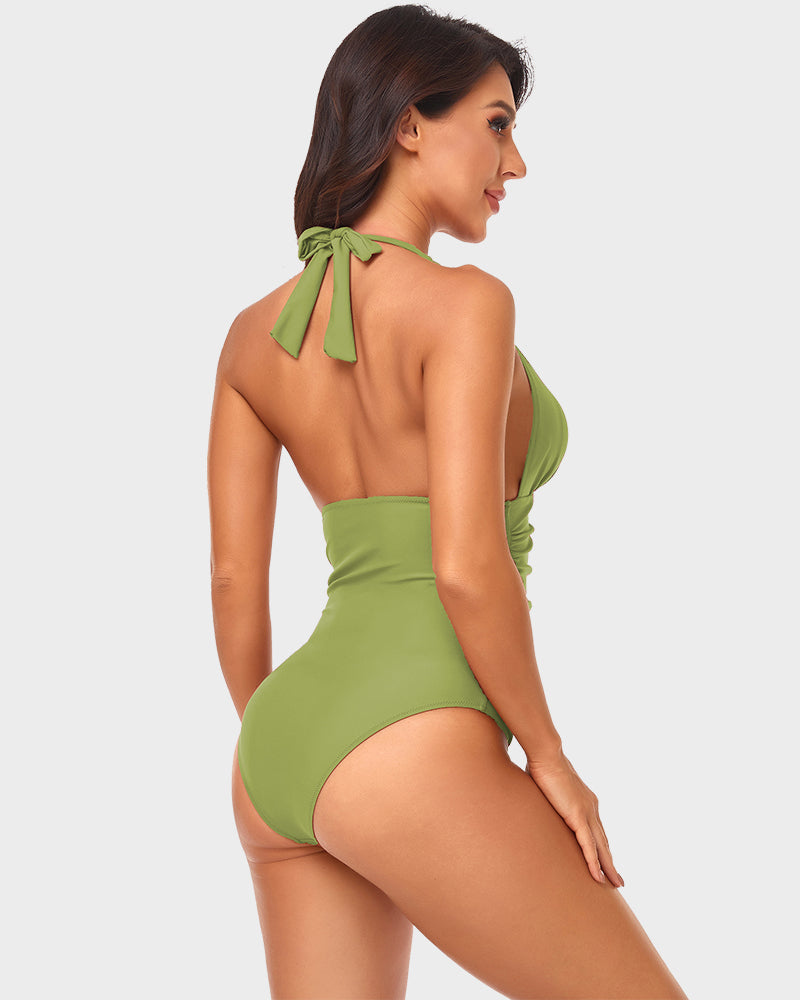 Stylish Halter Neck Deep V Ruched One-Piece Swimsuit - Flattering Beachwear