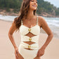 Glamorous Gold Beads Cut-Out Ruched One-Piece Swimsuit for Women, Elegant Beachwear