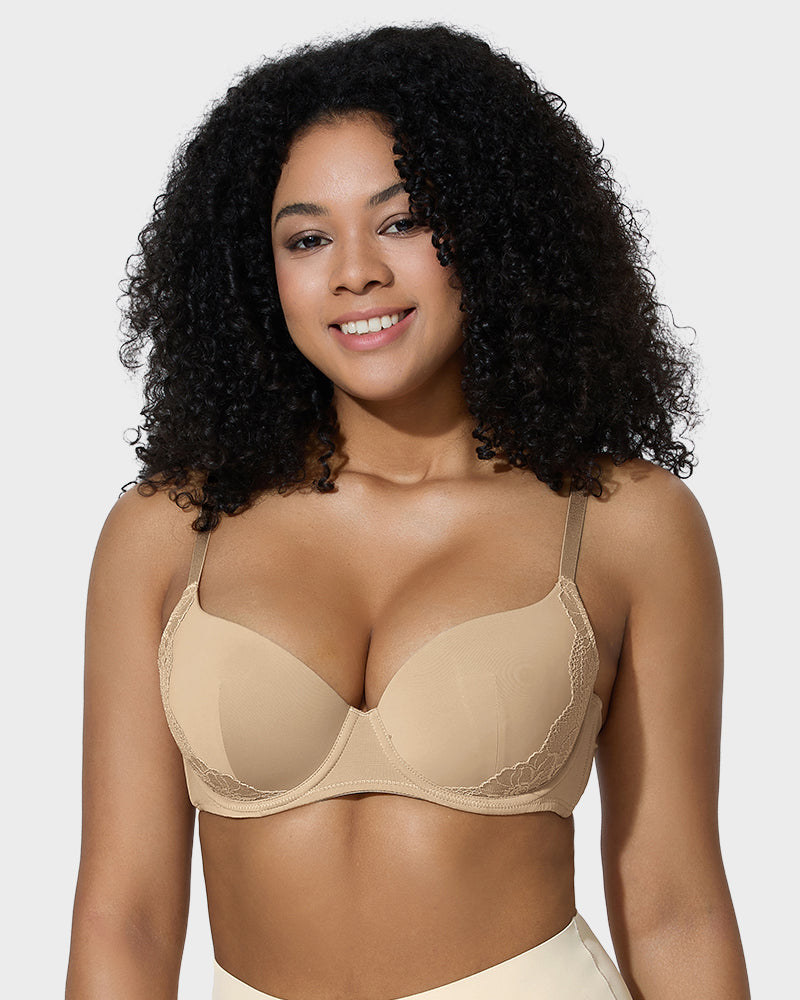 Elegant Deep V Lace Trim Full Coverage Push Up Bra for Ultimate Comfort & Support
