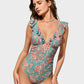 Deep V Ruffled Lace-Up Floral Print Swimsuit