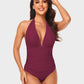 Stylish Halter Neck Deep V Ruched One-Piece Swimsuit - Flattering Beachwear