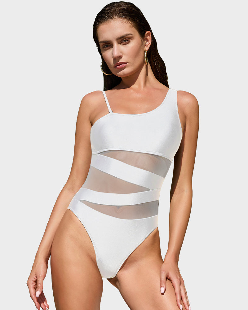 Chic One Shoulder Mesh Insert High Cut One-Piece Swimsuit for Women