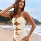Glamorous Gold Beads Cut-Out Ruched One-Piece Swimsuit for Women, Elegant Beachwear