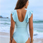 Deep V Ruffled Sleeve Mesh Panel Ruched One-Piece Swimsuit for Women