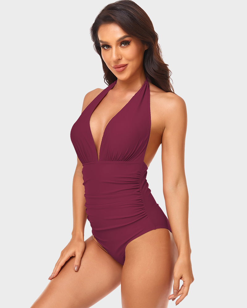 Stylish Halter Neck Deep V Ruched One-Piece Swimsuit - Flattering Beachwear