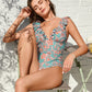 Chic Deep V Ruffled Floral Lace-Up One-Piece Swimsuit for Women